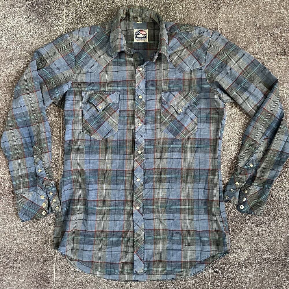 Men's Vintage 80's Miller Western Wear Blue Plaid Pearl Snap Long Sleeve Sz M